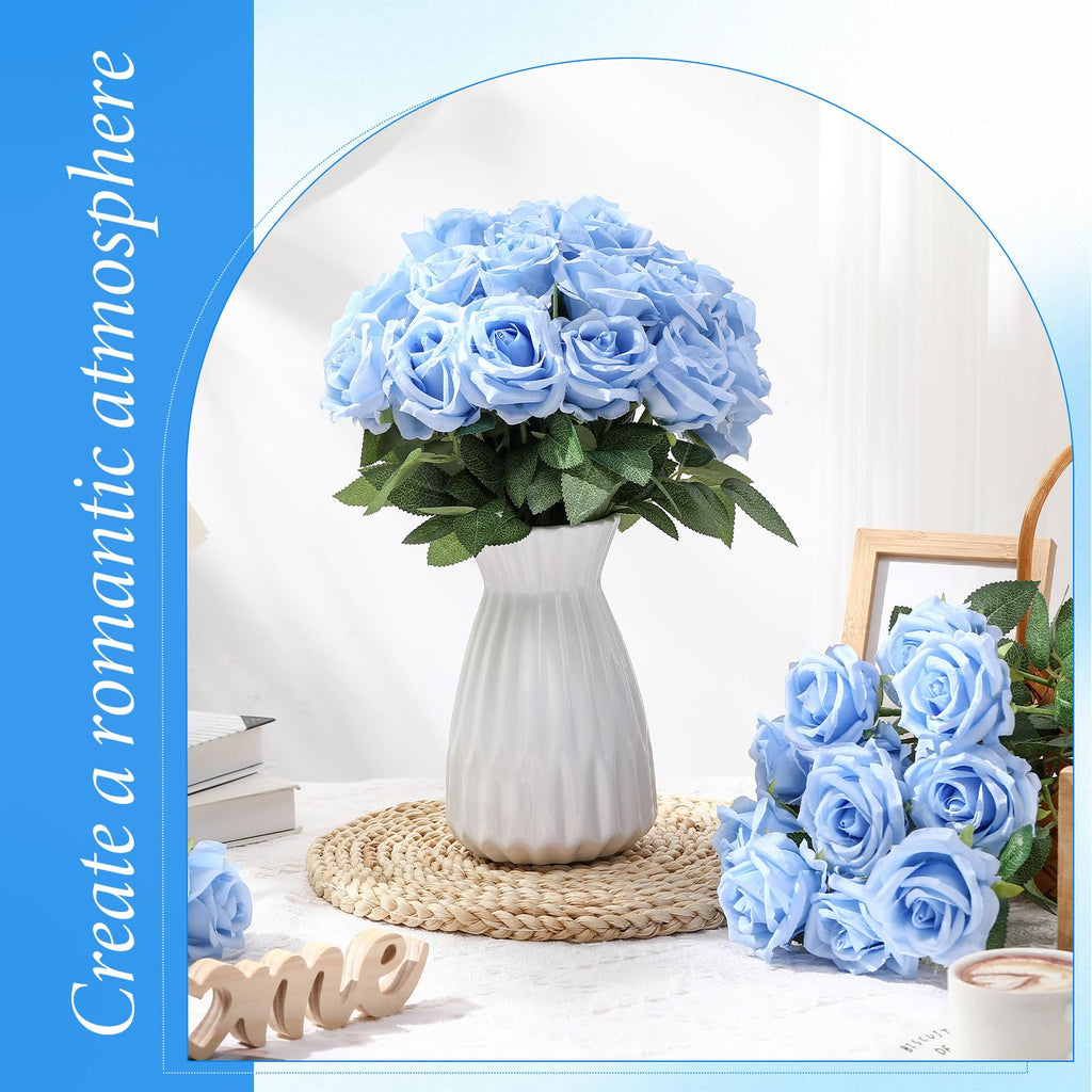 40 Pcs Artificial Roses Bulk, Long Stem Fake Flowers, Light Blue