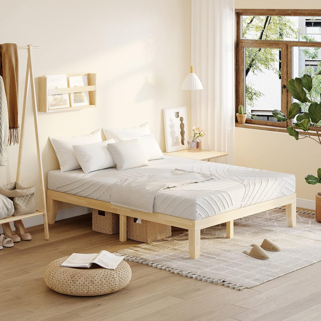 14 Inches Wood Platform Bed Frame Queen, Wooden Mattress Foundation with Rubber Wood Frame, Strong Wooden Slats