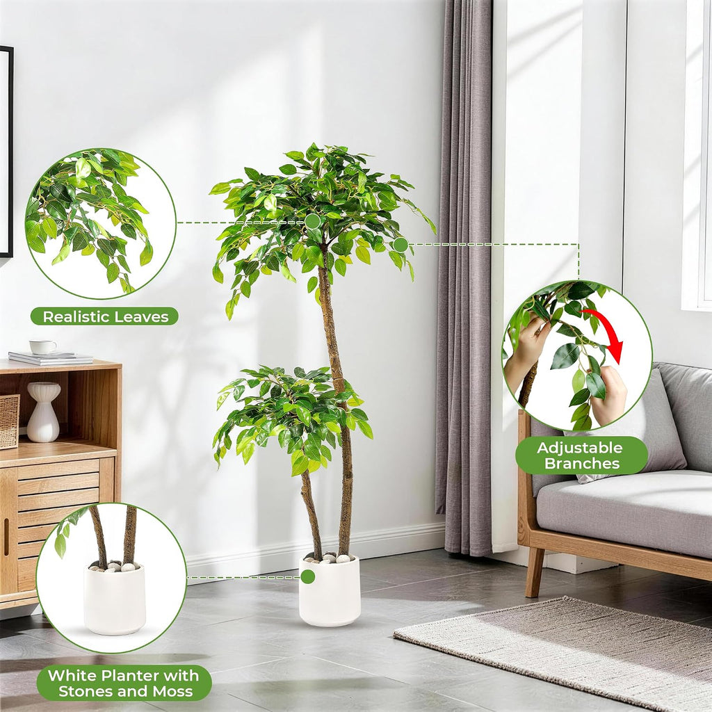 4FT Artificial Ficus Tree with White Planter and Pebbles,Faux Silk Tree with Lifelike Leaves and Realistic Trunk,Tall