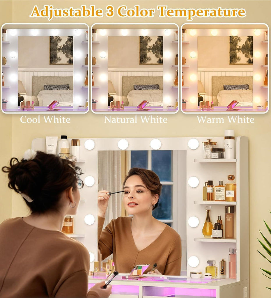 Vanity Desk with Mirror and Lights, Makeup Vanity Desk with Lights 3 Colors, Transparent Top Vanity with 2 RGB