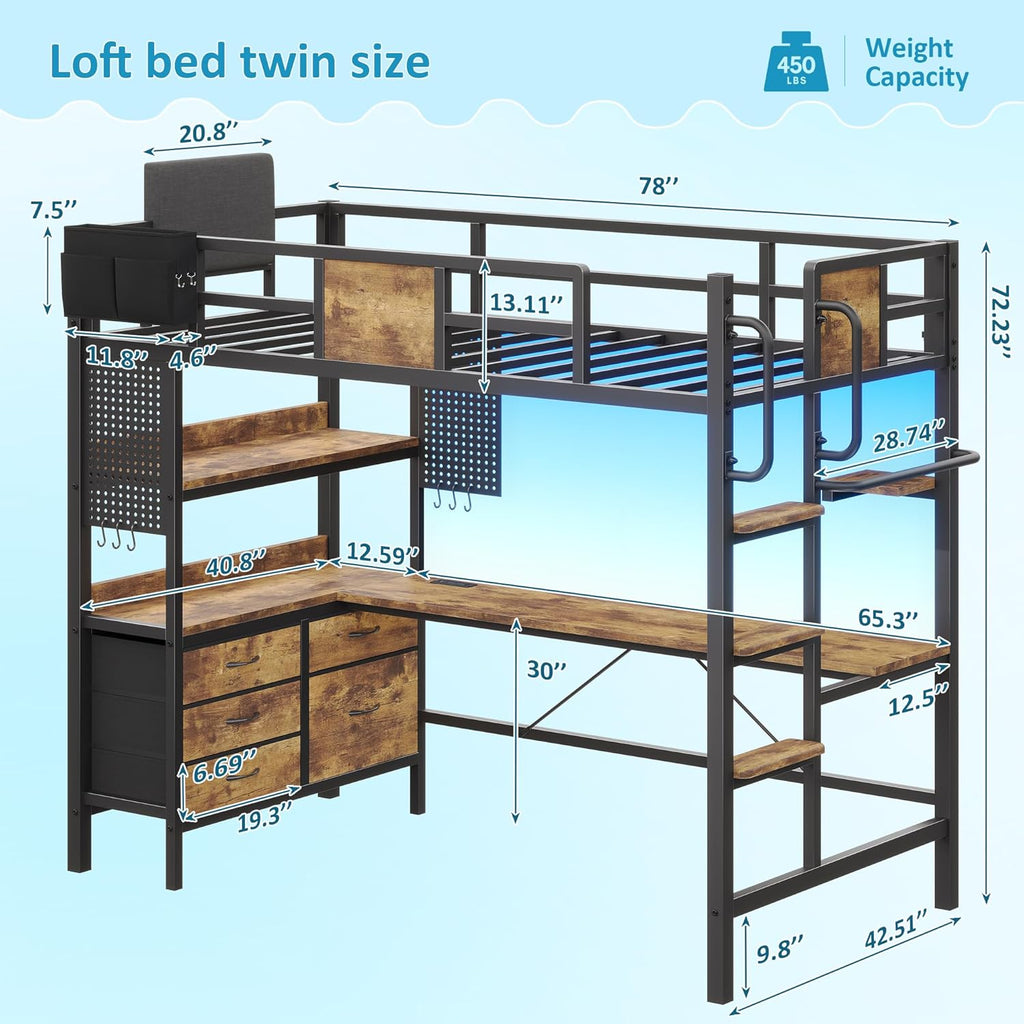 Loft Bed with Desk,Twin Loft bed with 5 Storage Drawers & 2 open Shelves & LED Light and Charging Station,Loft Bed