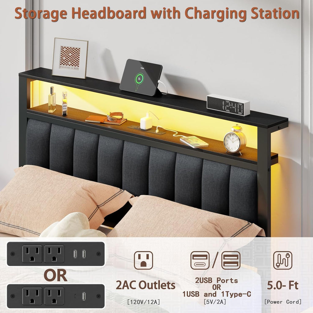 Full Bed Frame with Charging Station and LED Lights, Grey Upholstered Headboard with Shelves