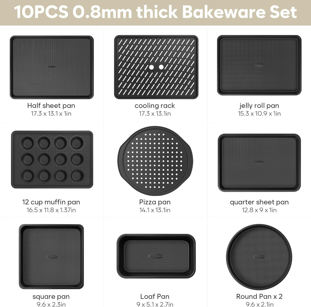 10-Piece Nonstick Bakeware Set, 0.8MM Thick Carbon Steel Pan Set for Oven with Cookie Sheet, Muffin Pan, Pizza Pan