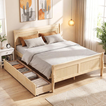 Full Bed Frame with 2 Storage Drawers, Wood Platform Bed with Headboard & Footboard, Wooden Slats Support Mattress
