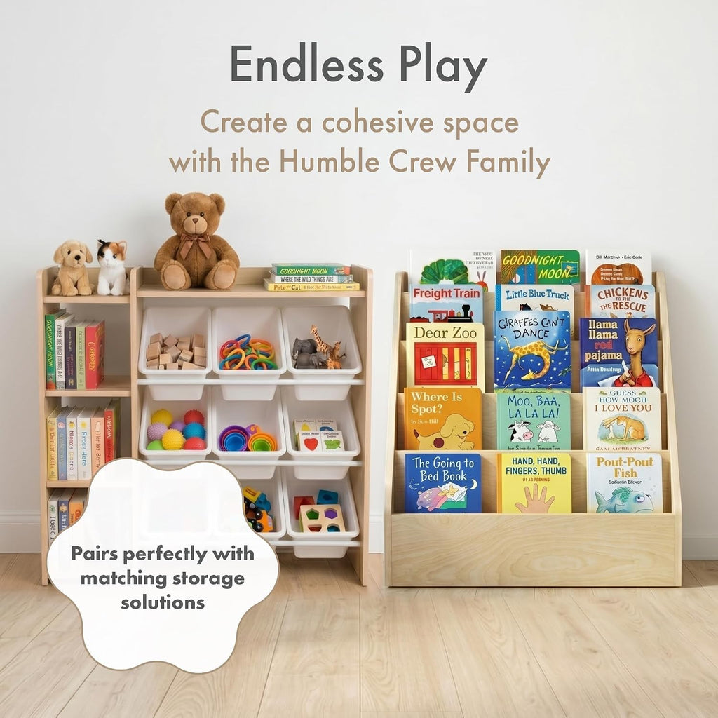 Kids Toy Storage Organizer with Bookshelf, 9 Bins, Solid Wood | Built in side bookshelf, removable bins, solid