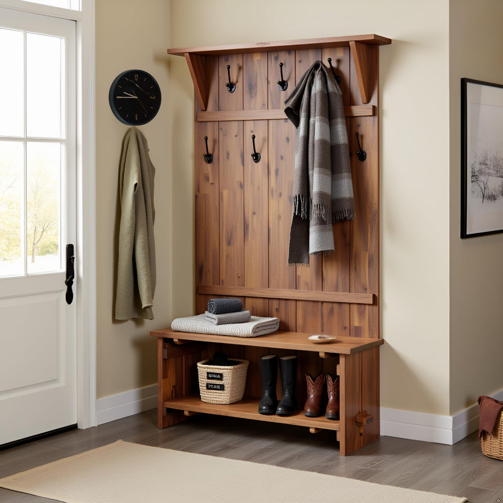 Bethel Rustic Solid Wood Entryway Hall Tree with Bench, Natural