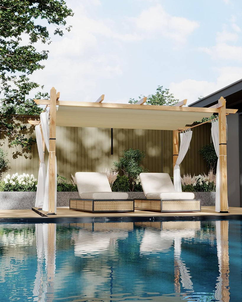 10x13 Ft Outdoor Pergola with Retractable Canopy Aluminum Gazebo Imitation Wood-Grain Post with Side Mesh