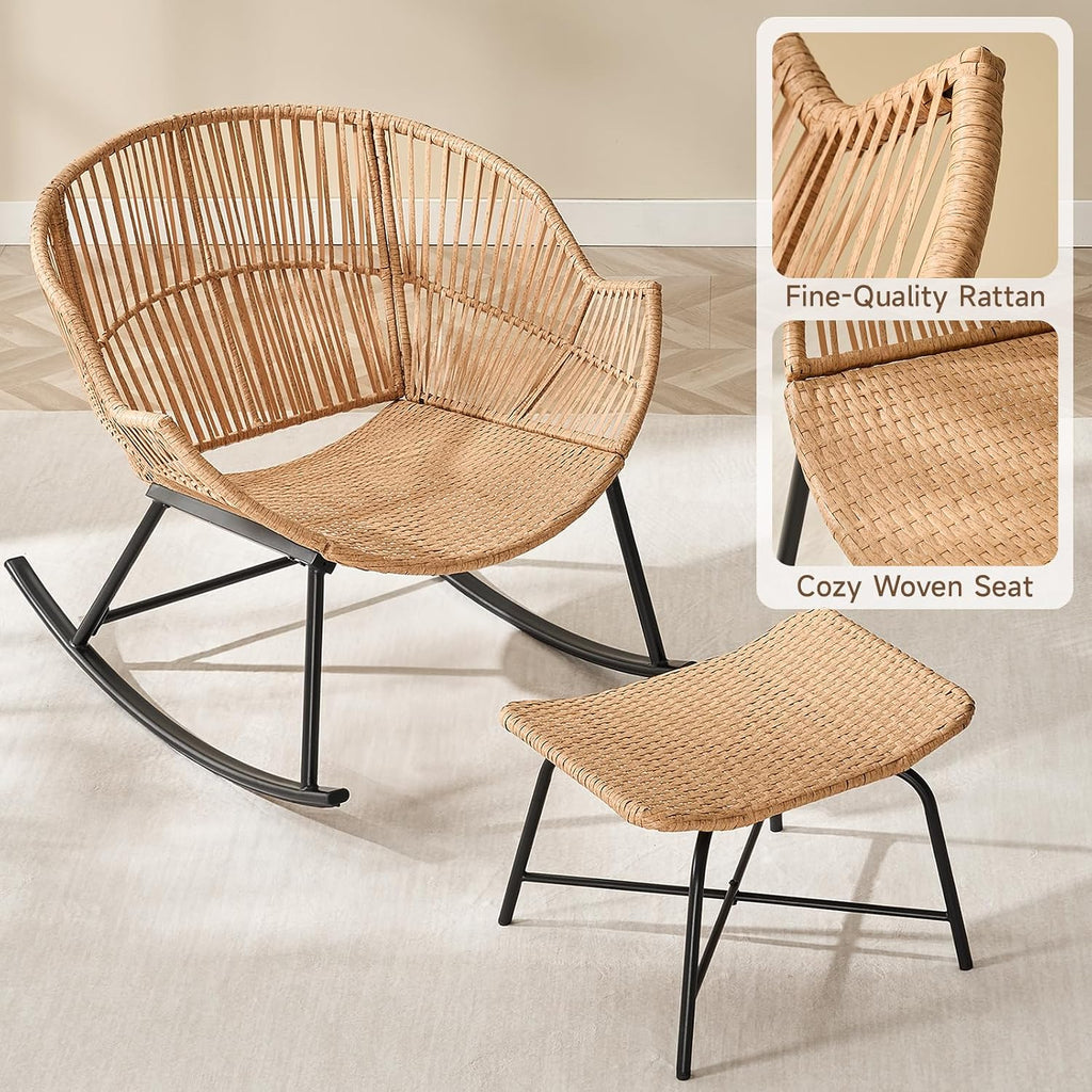 Papasan Rocking Chair with Ottoman, Oversized Papasan Chair, Olive Green | Indoor & Outdoor Rocker Chair with Padded