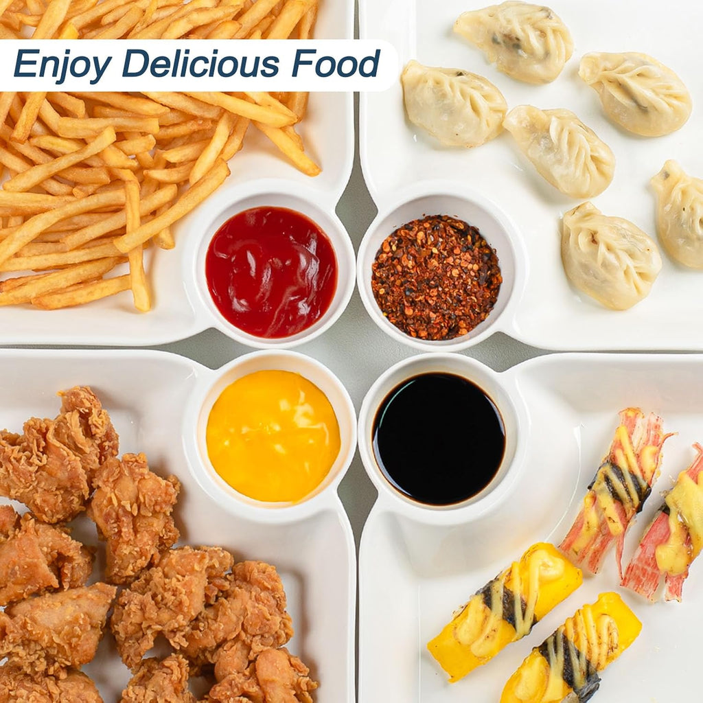 Chip and Dip Serving Platter Set of 4-8 Inch Ceramic Divided Plates with Sauce Compartment, Food-Safe Snack Plate for