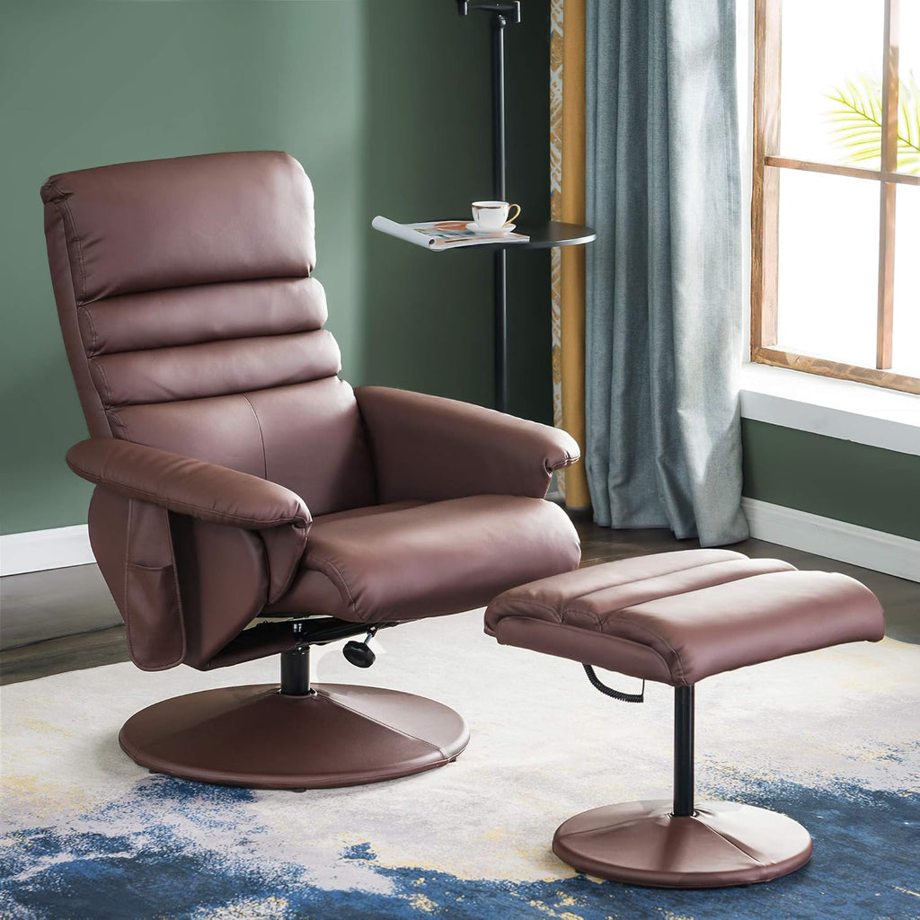 Modern Reclining Swivel Lounge Chair and Ottoman — Brown Faux Leather