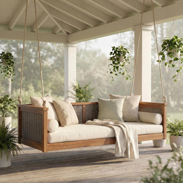 Twin Size Wooden Outdoor Swing Bed, Acacia Wood Porch Swing with Rattan Backrest and Ropes , Backyard & Garden, Teak