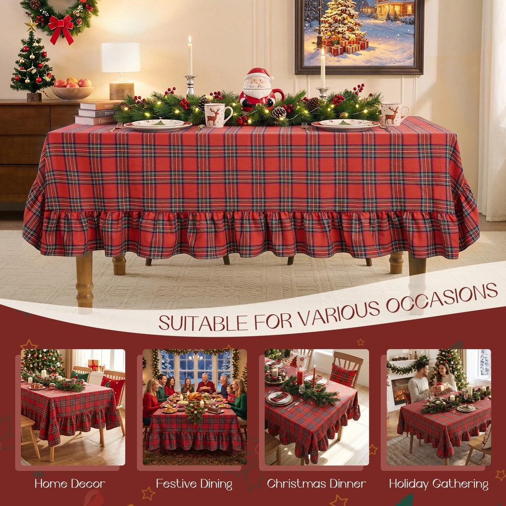Christmas Plaid Ruffled Tablecloth Rectangle, 60x84 Inch Red