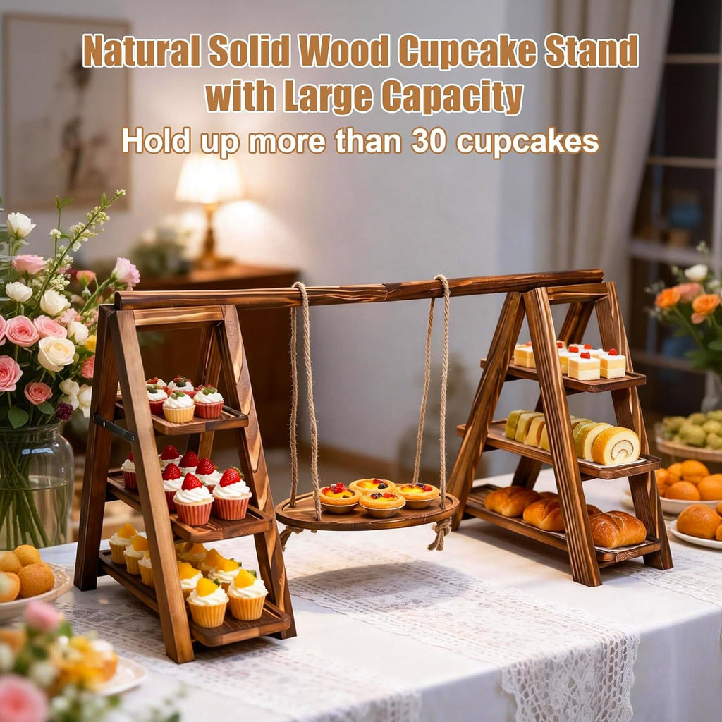 3 Tier Cupcake Stand with Swing, Wooden Cupcake Stand, Swing Cupcake Stand with Removable Serving Platter and
