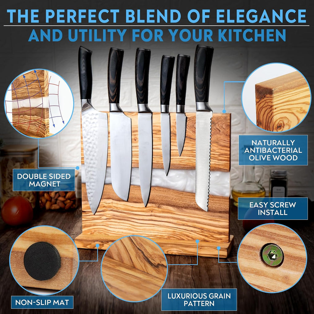 Magnetic Knife Block Stand - Italian Olive Wood Kitchen Knife Holder Rack with Resin Flow Design - Double Sided