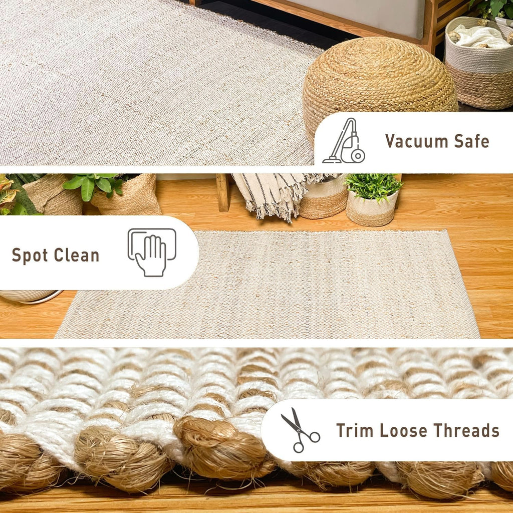 9x12 Jute Cotton Hand Woven Area Rug, Natural Jute/Cream Braided Boho Farmhouse Rug