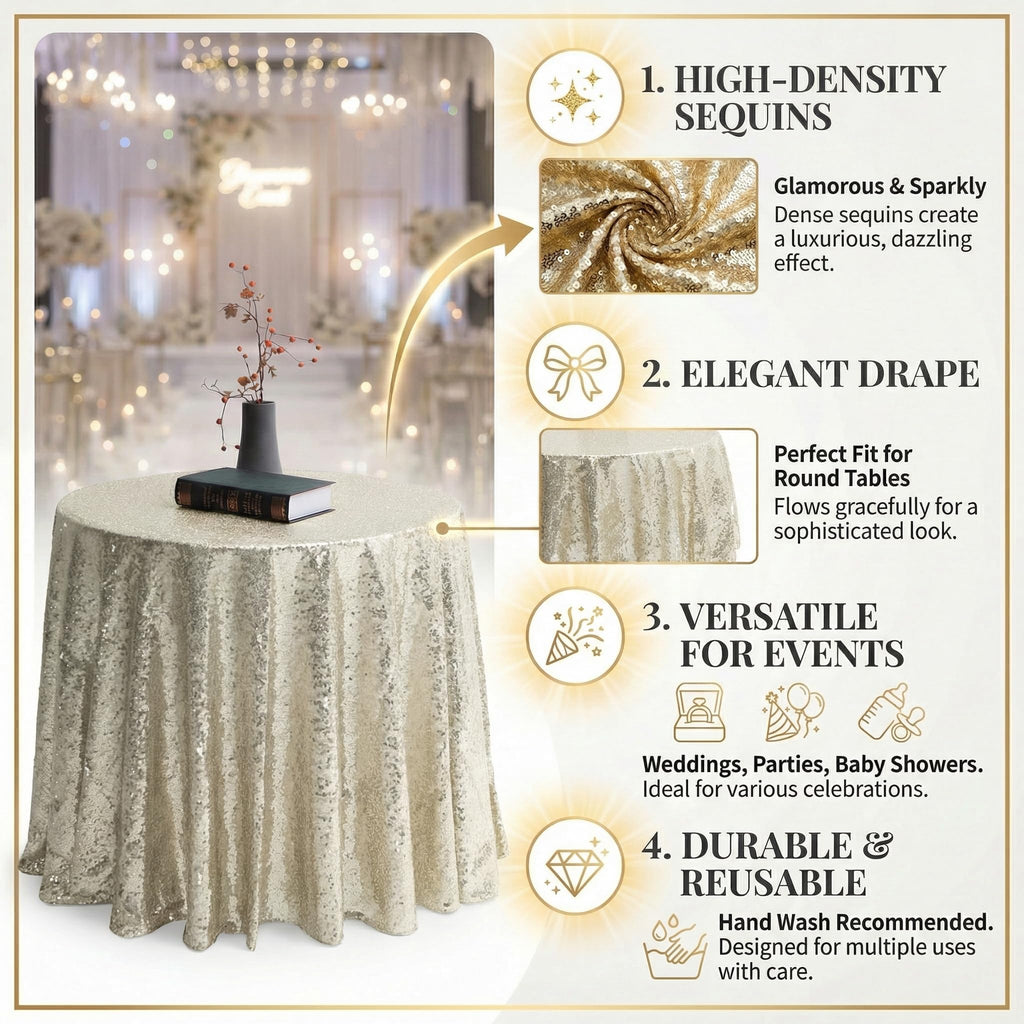 72 Inch Round Champagne Sequin Tablecloth