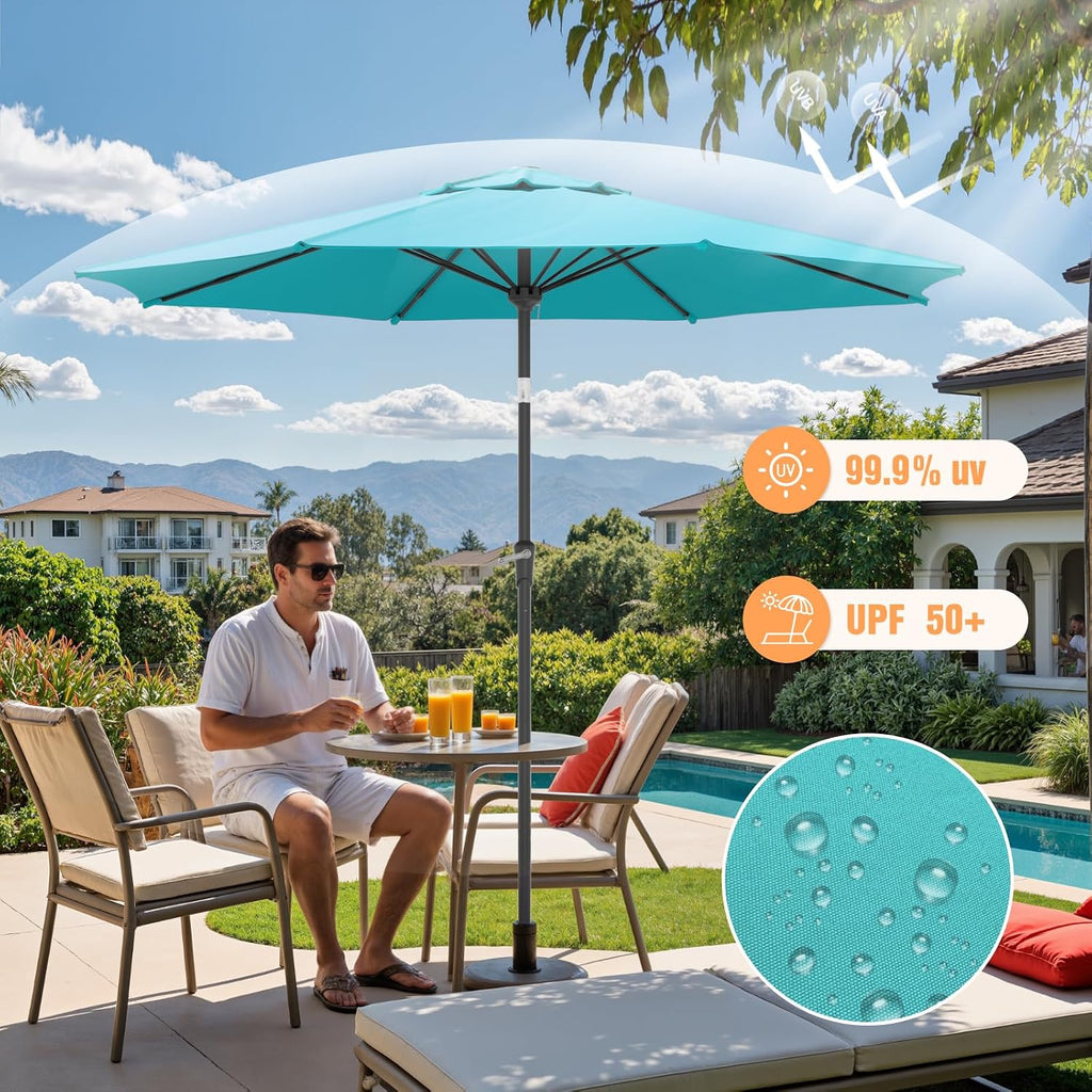 Outdoor Patio Umbrella, Table Umbrella with Push Button Tilt and Crank, 8 Ribs Market Umbrella - Blue-fiberglass Ribs
