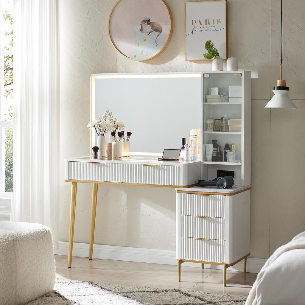 Fluted Makeup Vanity Desk with 36" HD Lighted Mirror, 48" Big Modern Vanity Desk with Mirror and Lights, Dressing