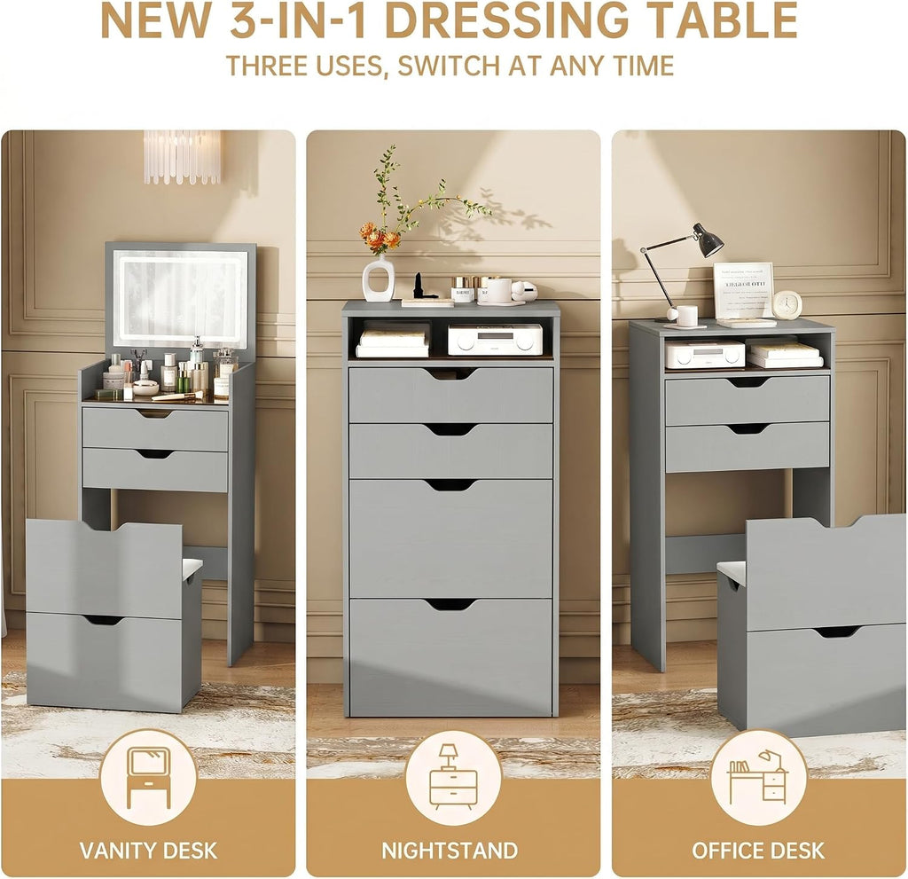 Vanity Desk with Mirror and Lights, Vanity Table Set with Storage Drawer, Bedroom Dressing Table with Charging