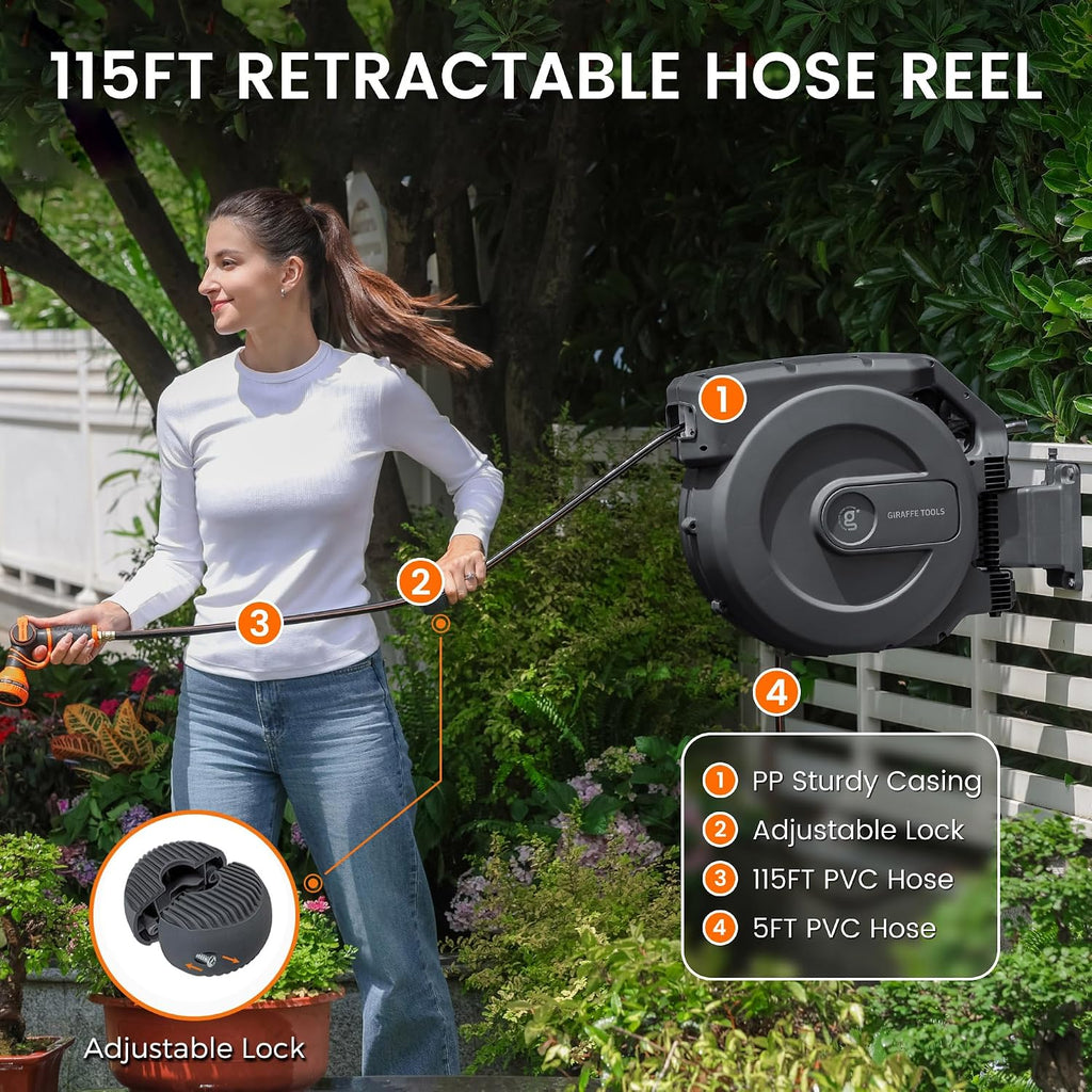 Retractable Garden Hose Reel 5/8"115FT Wall Mount Auto Rewind | Any Length Lock,Auto Rewind System,180° Swivel