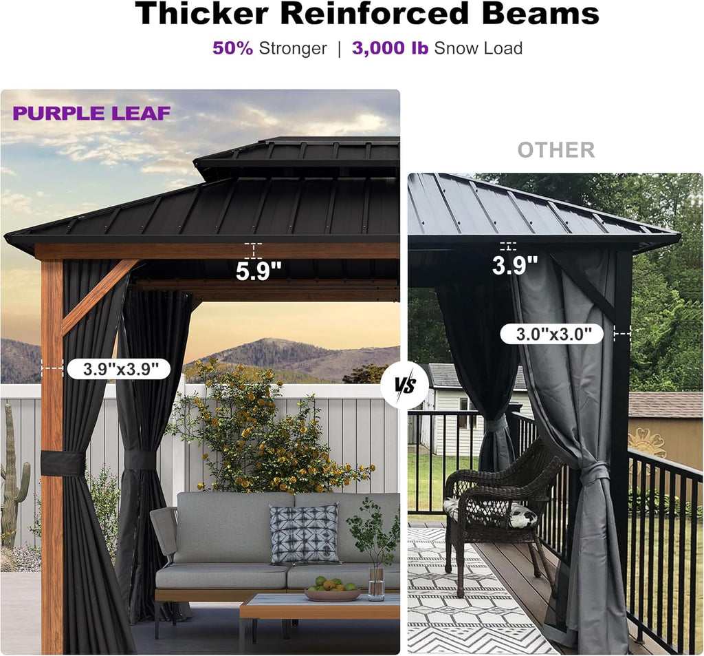 8' X 12' Hardtop Gazebo Outdoor Wood Grain Aluminum Frame Galvanized Steel Double Roof Gazebos with Netting and Curtains for Patio Deck Backyard Garden