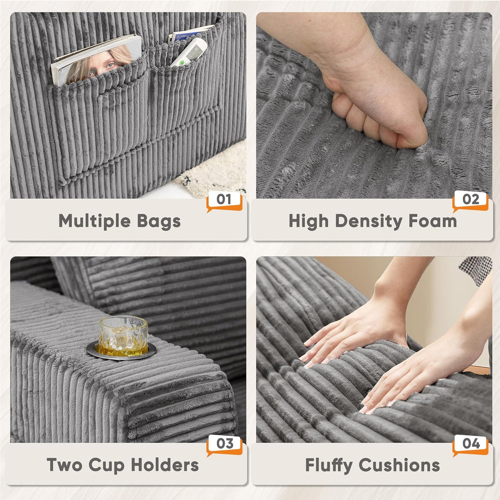 Oversized Chaise Lounge Chair, Cloud Couch with Fluffy Upholstered, Deep Seat Sleeper Sofa Bed with Two Cup Holders