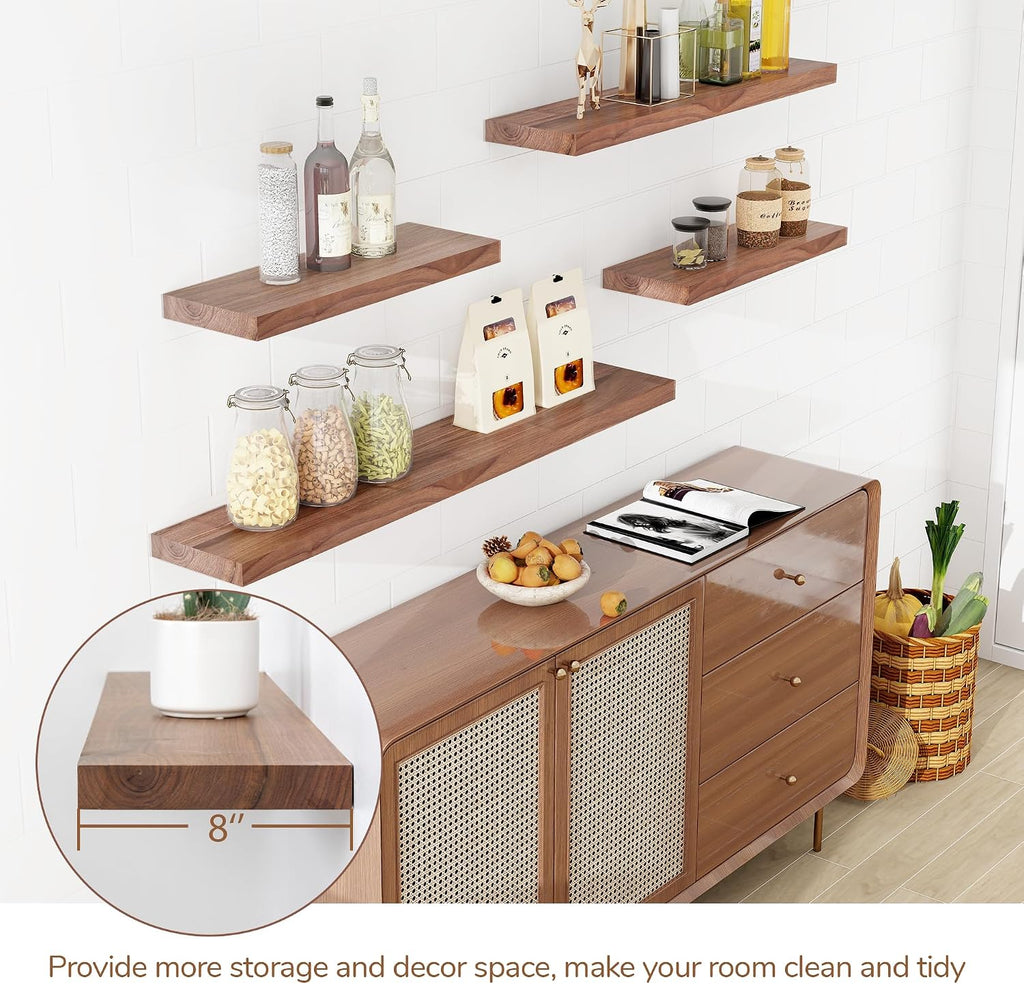 24 Inch Solid Walnut Wood Floating Shelves, 6.7in Deep Wall Shelves | Solid Black Walnut Wood, Natural Grain, Real