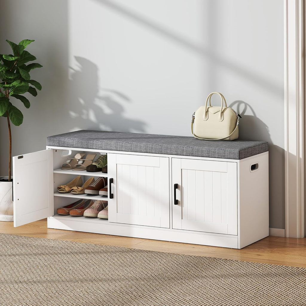 Shoe Storage Bench with Cabinet, 3-Tier Entryway Bench with Padded Seat Cushion, Shoe Cabinet Bench with 4 Adjustable