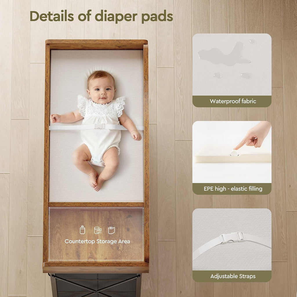 Changing Table, 6-Drawer Dresser, Adjustable Shelves, Rustic Brown | Changing Table,Waterproof Diaper pad & Safety