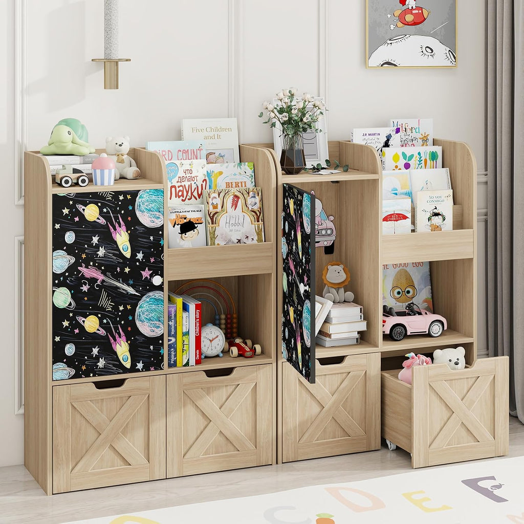 Kids Bookshelf with Reading Nook and Blackboard, 3-in-1 Toy Storage Organizer with 2 Movable Drawers, Wood Toy Chest