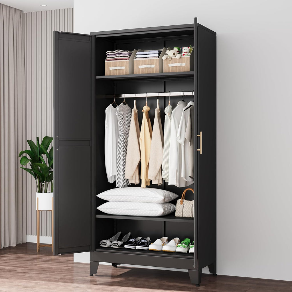 71" H Metal Armoire Wardrobe Closet, Adjustable Shelve, Clothes Drying Pole, Steel Wardrobe Cabinet (Black)