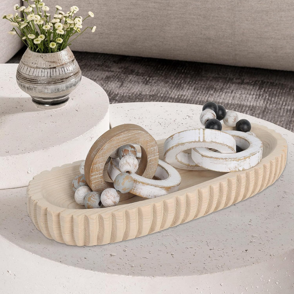 Decorative Dough Bowl Decor, 16" Hand-carved Wood Bowl | Rustic Table Centerpiece Tray with Vertical Stripes, Home