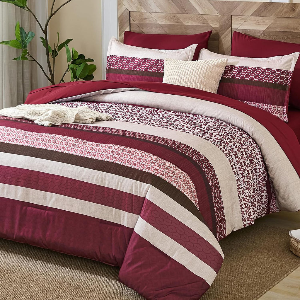 DJY Boho Comforter Set King,7 Pieces Bed in a Bag Burgundy Red Striped Bedding Sets,Patchwork Soft Microfiber Bedding