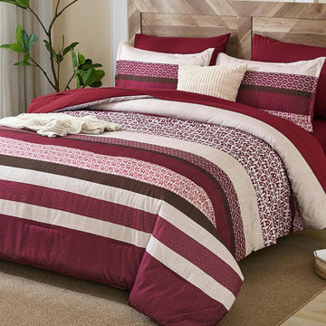 DJY Boho Comforter Set King,7 Pieces Bed in a Bag Burgundy Red Striped Bedding Sets,Patchwork Soft Microfiber Bedding