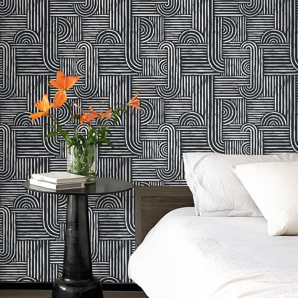 17.5x276 Mid Century Modern Wallpaper Geometric Black and White Peel and Stick Wall Paper with Designs Abstract