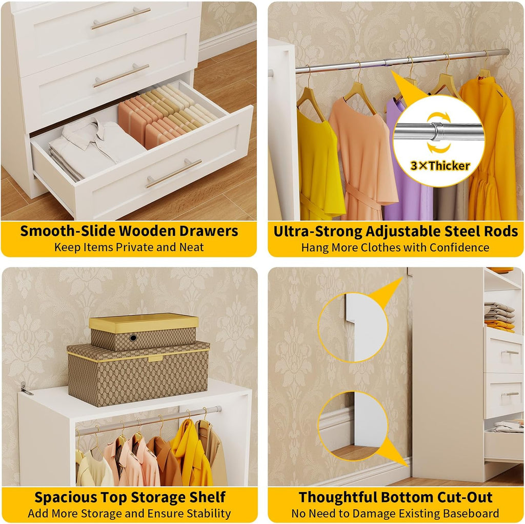 Closet System with 9 Drawers, 6-15FT Closet Systems for Walk in Closets with 6 Expandable Rods & 3 Shelves, Wood