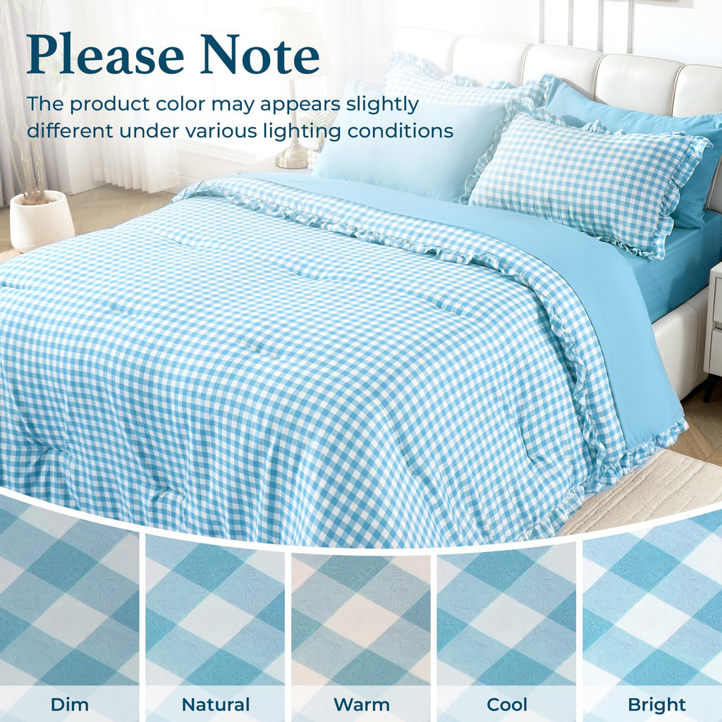 7 Pieces Gingham Ruffle Comforter Set, Blue Grid Tartan Bedding Set, Soft Breathable Fabric Comforter
