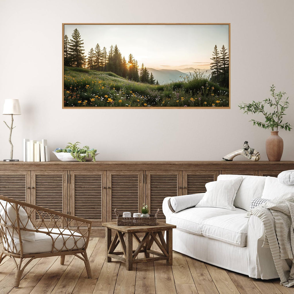 Green Forest Mountain Framed Canvas Wall Art Set, Wildflower Meadow Wall Decor, Floral Pictures Artwork, Nature