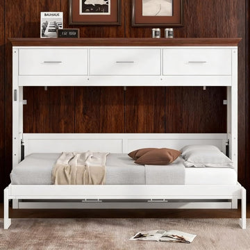 Twin Horizontal Murphy Bed with Storahe Drawers, Can be Folded into a Cabinet for Guest Room, Wood Foldable Wall Bed
