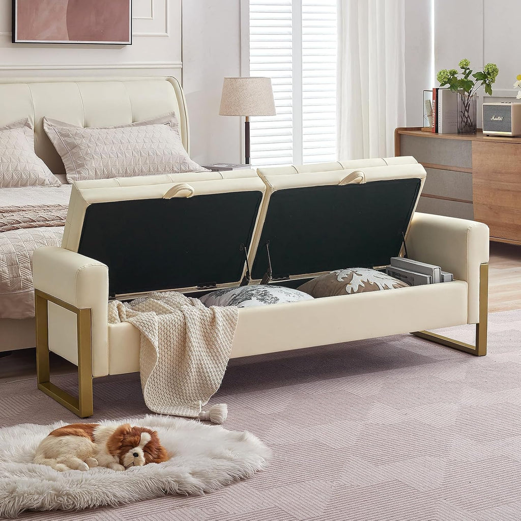 67" Storage Bench End of Bed King Size, Light Cream | Double Lids, Upholstered Faux Leather Storage Bench with Golden