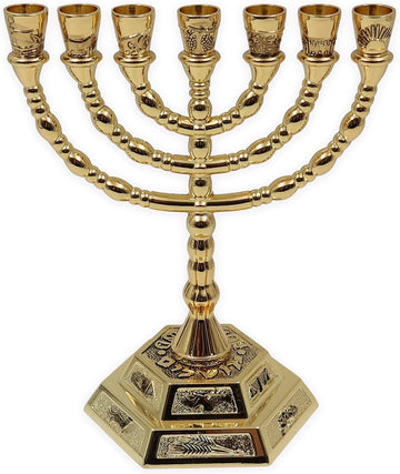 Traditiona Jewish 7 Branch Candle Sticks,Jerusalem Temple Candle Holder - 12 Tribes of Israel , 6.6 Inches (Gold) - Set of 11