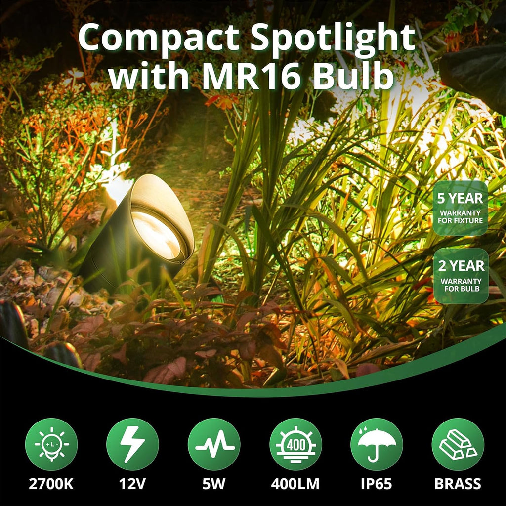 Solid Brass Low Voltage Compact Spotlight, 12V AC/DC Waterproof Outdoor Landscape Spot Lights Trees Garden Yard Lawn