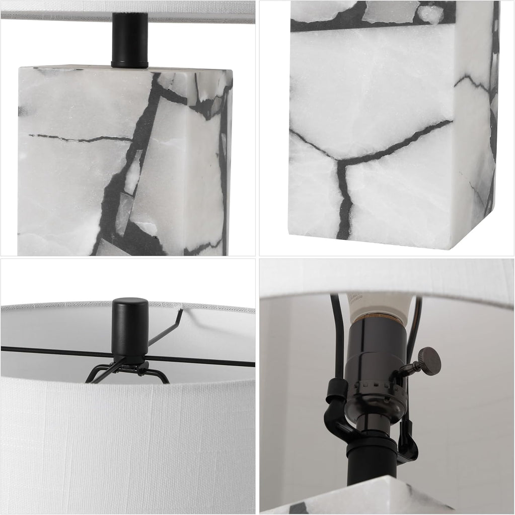 24.25" Black/White Modern Alabaster LED Table Lamp Decor, White Linen Shade