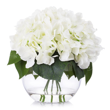 Cream Hydrangea Flower Arrangement in Clear Glass Vase with Faux Water (Cream)