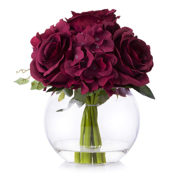 Mixed Silk Blooming Hydrangea and Rose Flower Arrangement in Clear Glass Vase with Faux Water Wedding Decoration