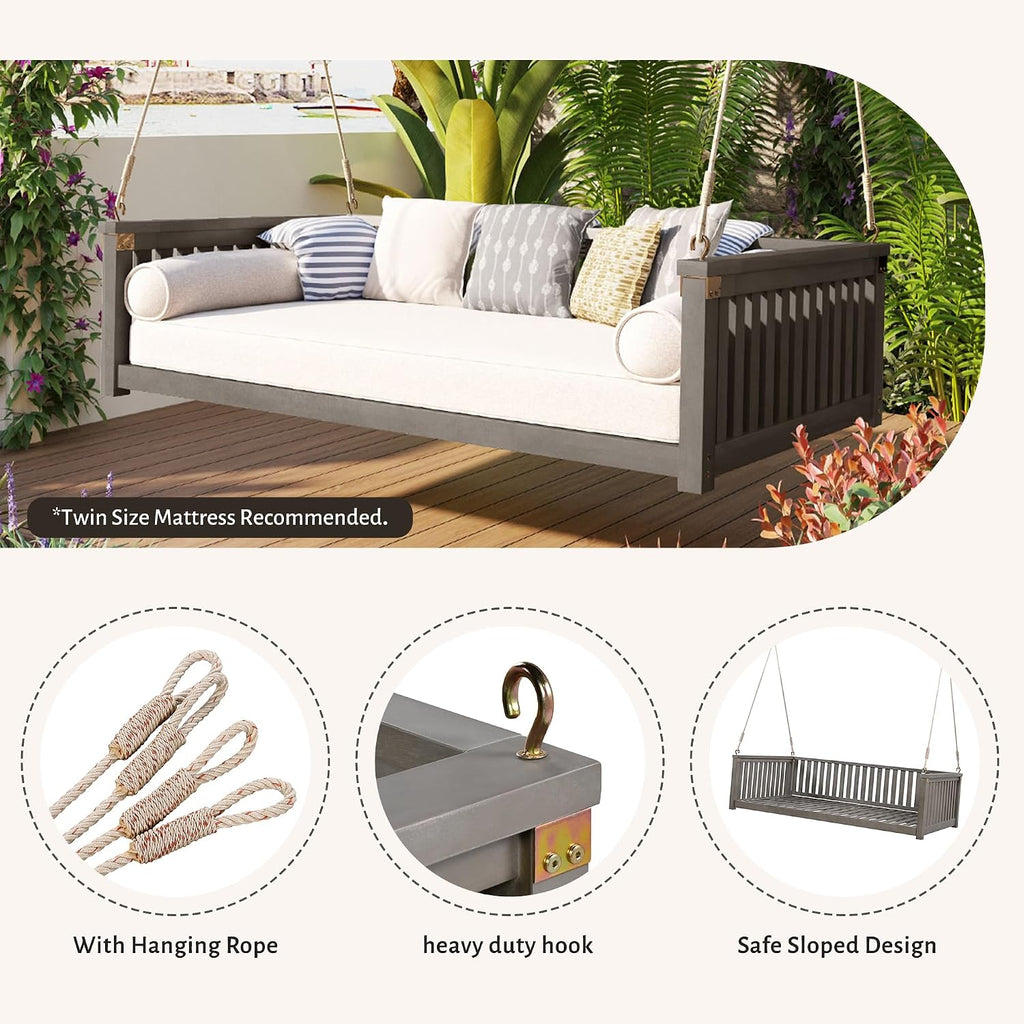 Patio Twin Size Garden Swing Bed Wood Porch Swing Loveseat Chair with Ropes for Backyard, Safe Sloped Design