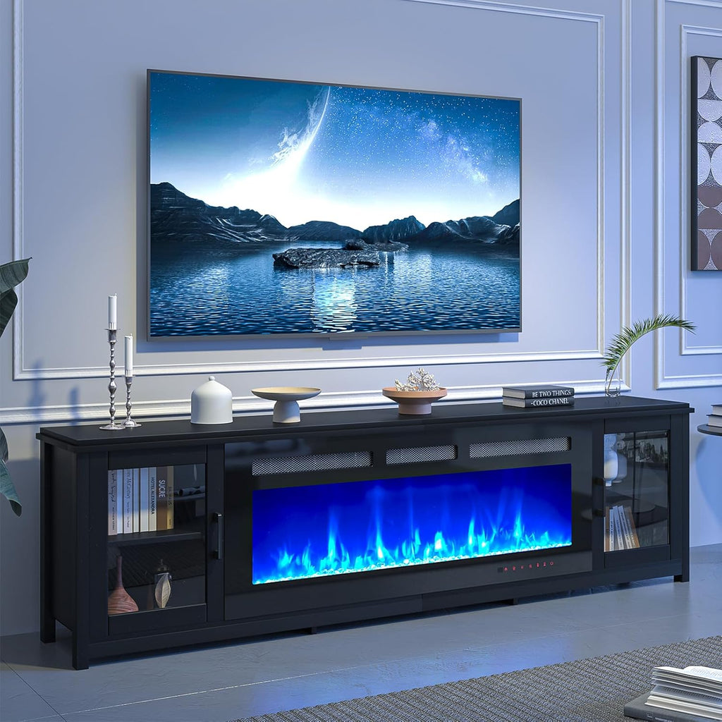 80 Inch Fireplace TV Stand with 50 Inch Electric Fireplace, Modern Entertainment Center with Adjustable Shelves and Glass Door for TVs up to 90 Inches, Black