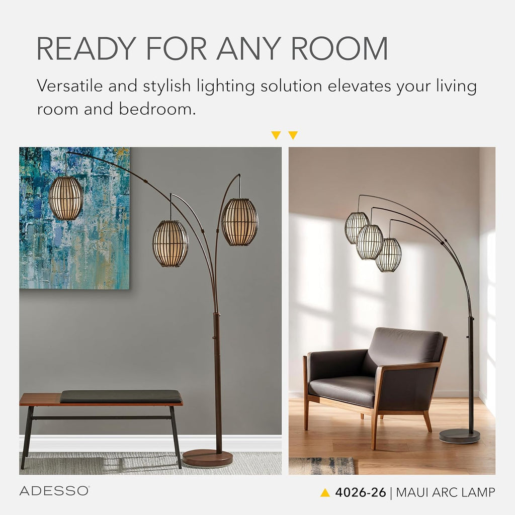 Maui Arc Floor Lamp with 3 Movable Shades & Adjustable Height- Perfect Lighting and Corner Decor, Antique Bronze