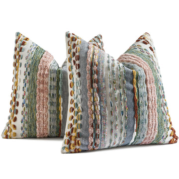 Set of 2 Chenille Tufted Striped Textured Boho Throw Pillow Covers Aesthetic Woven Decorative Pillow Case for Couch