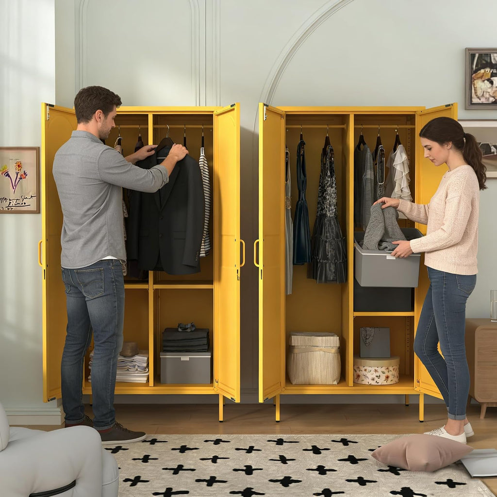 Yellow Lockable Armoire Wardrobe Closet Storage Cabinet with Hanging Rod, 67" Metal Wardrobe Cabinet with 2 Doors and